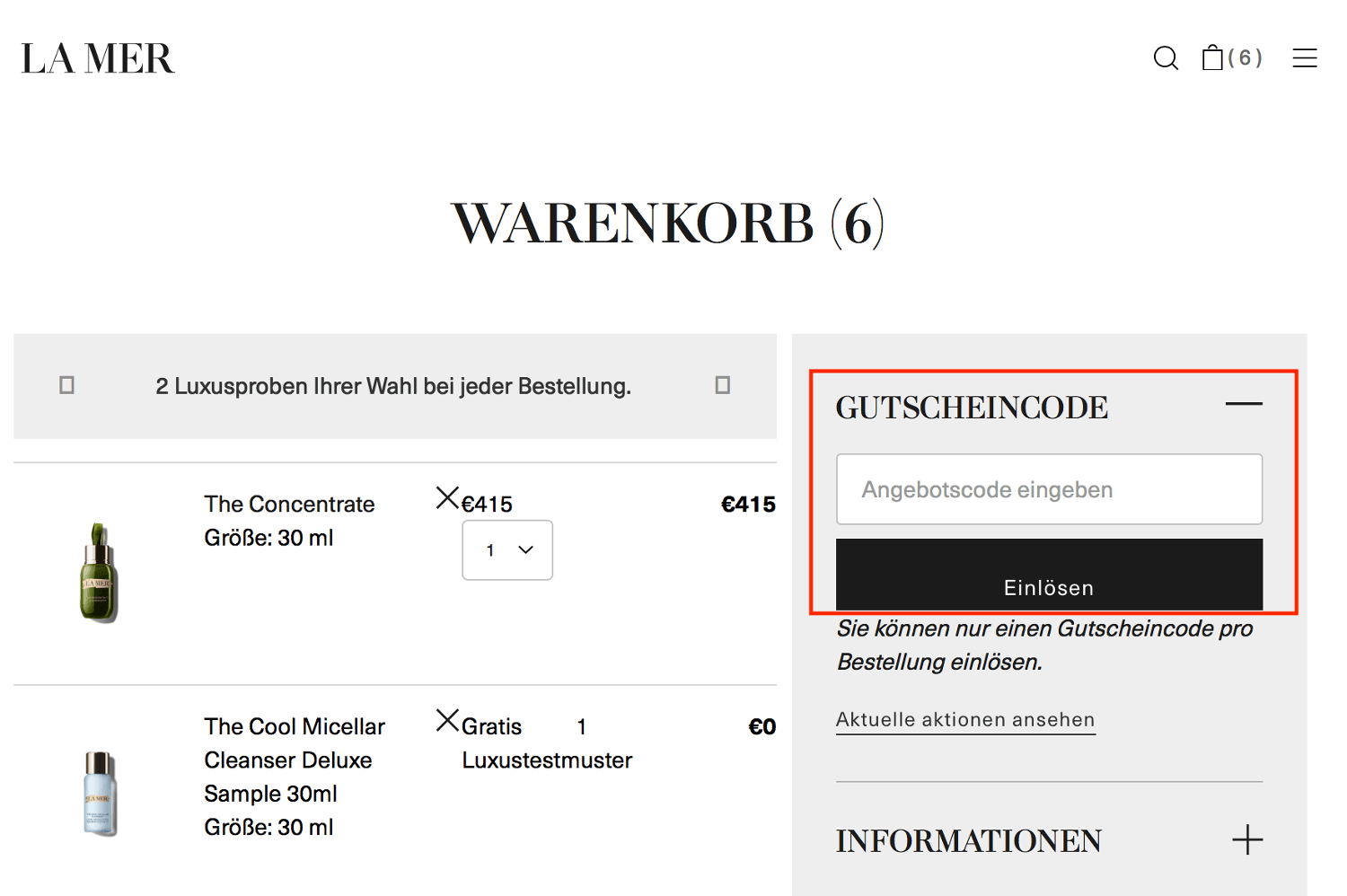 Eingabefeld für den La Mer Gutschein im Warenkorb