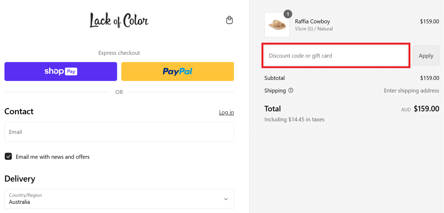 Lack of Color discount code box in shopping basket image