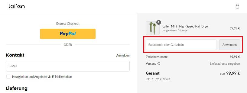 img: laifen-gutschein-einloesen / alt: Screenshot aus dem Warenkorb mit Hinweis darauf, wo du den Laifen Gutschein einlösen kannst.
