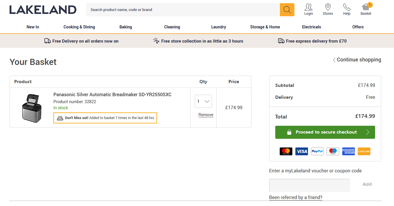 Screenshot of the Lakeland discount code box at the online checkout window