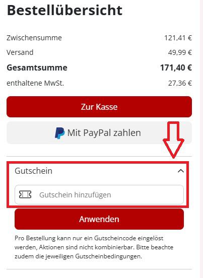 Screenshot vom Eingabefeld mit Hinweis darauf, wo du den LaminatDEPOT Gutschein einlösen kannst