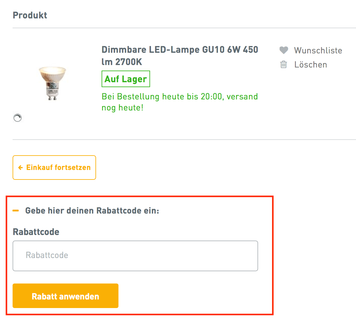 Eingabefeld für den LampenundLeuchten Gutschein im Warenkorb