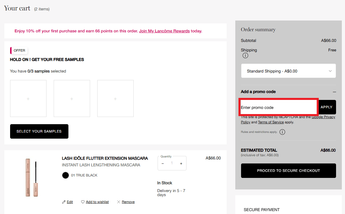 Lancome discount code redemption box image