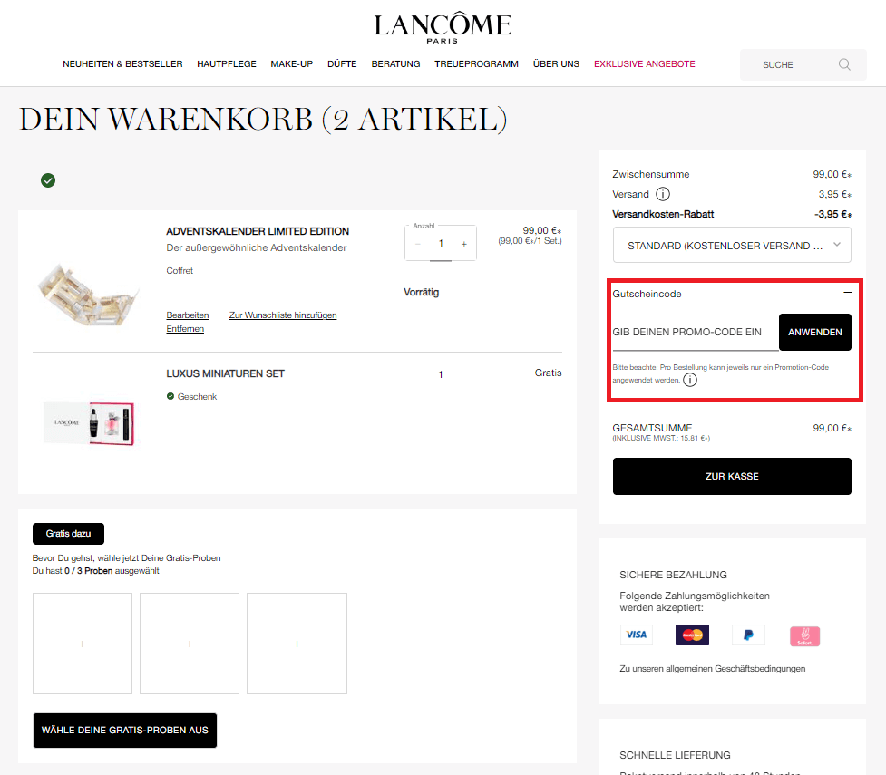Screenshot vom Eingabefeld zum Lancôme Gutschein Anwenden