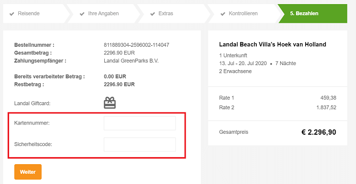 Eingabefelder für die Kartennummer und den Sicherheitscode des Landal Gutscheins im letzten Bezahlschritt der Buchungsplattform