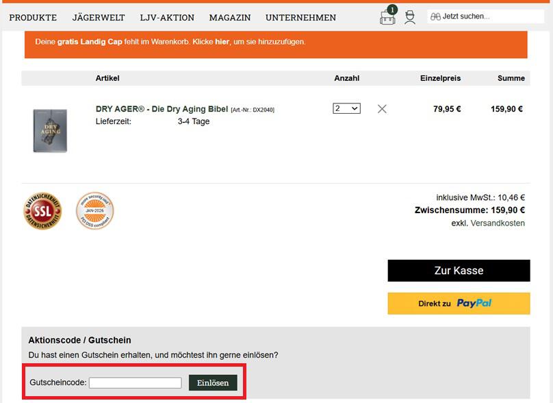 Warenkorbansicht mit Eingabefeld für Landig Gutscheincode