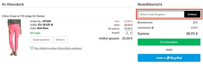 Eingabefeld für den Lands End Gutschein im Online Shop