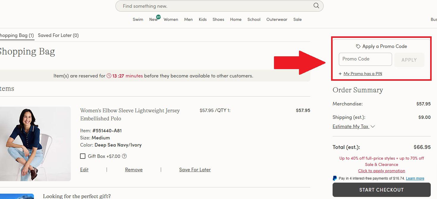 Lands&apos; End promo code box on checkout page