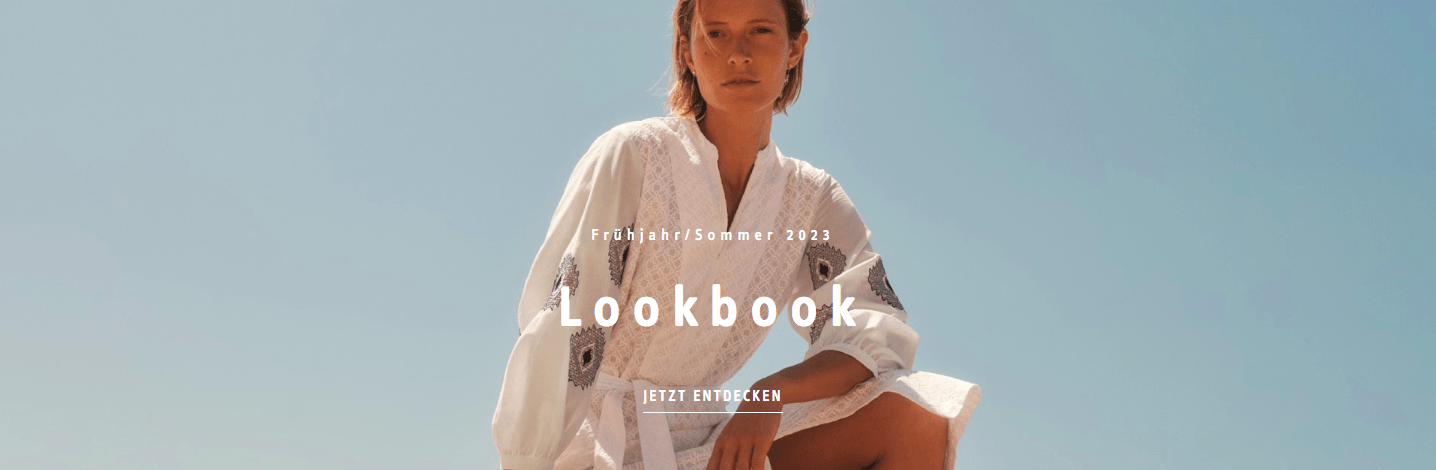 Frau in weißem Kleid auf Banner für Lanius Lookbook