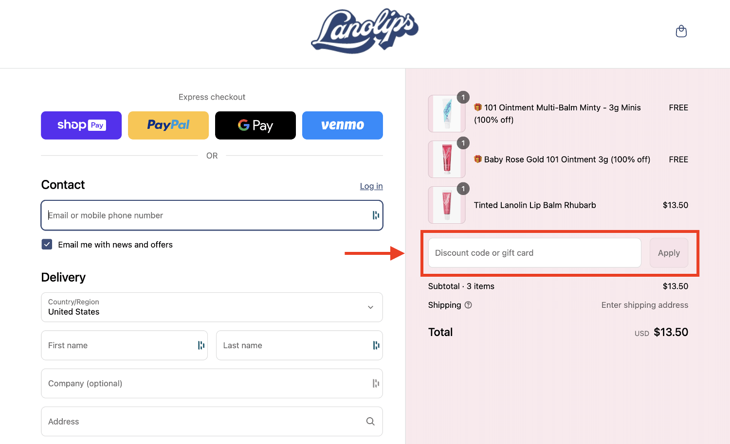 red arrow pointing to lanolips discount code box