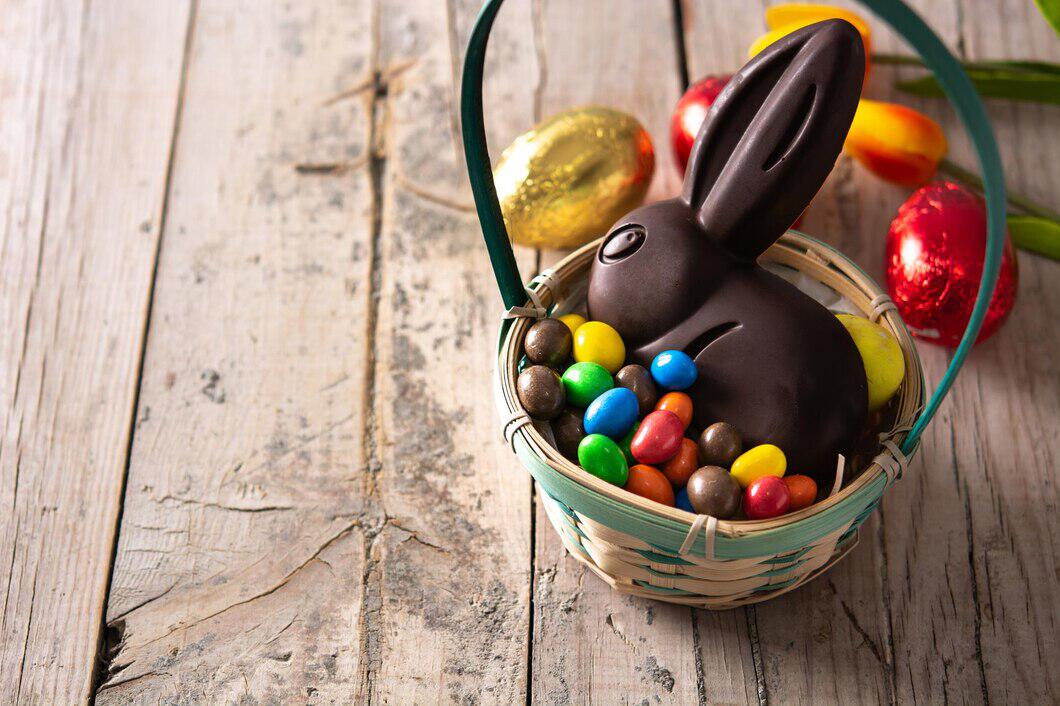 lapin en chocolat et oeufs de Pâques posés sur une table en bois