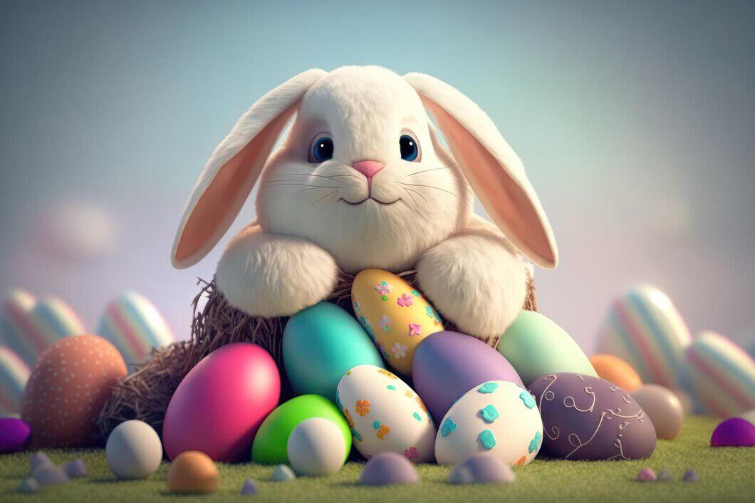 un lapin en peluche entouré d&apos;oeufs de Pâques en chocolat