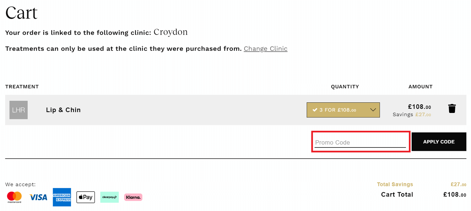 Laser Clinics discount code box during checkout