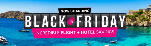 Lastminute black friday image showing a black friday now boarding message on top of an exotic location