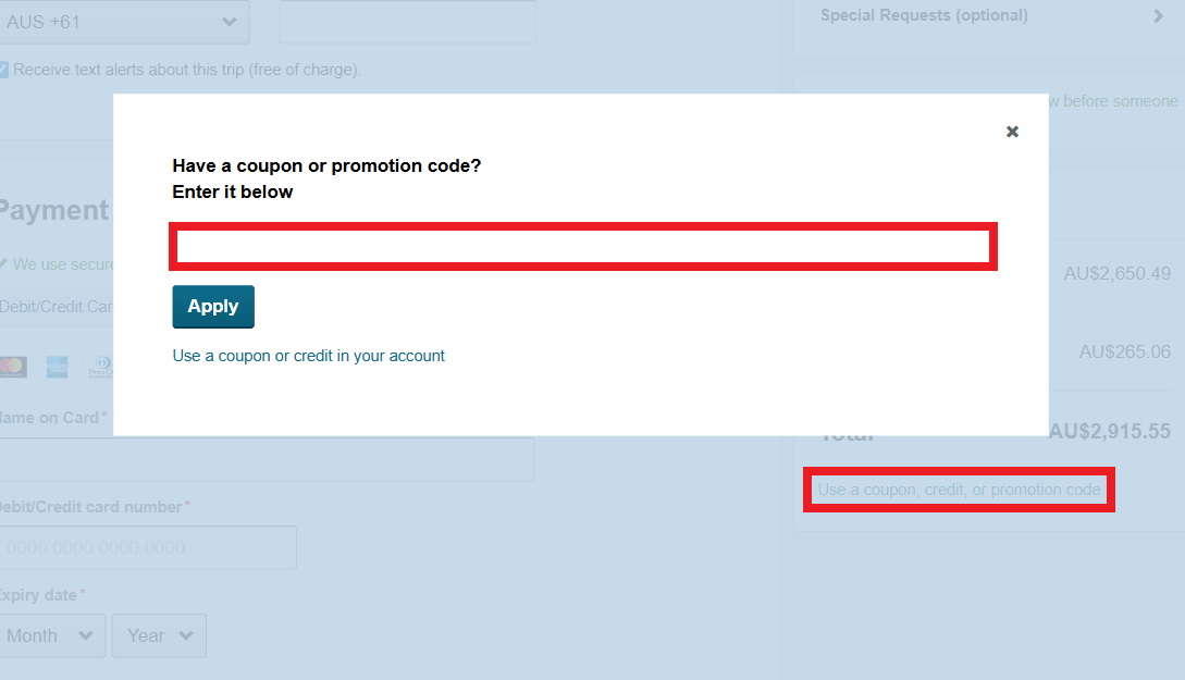 lastminute discount code box during booking process