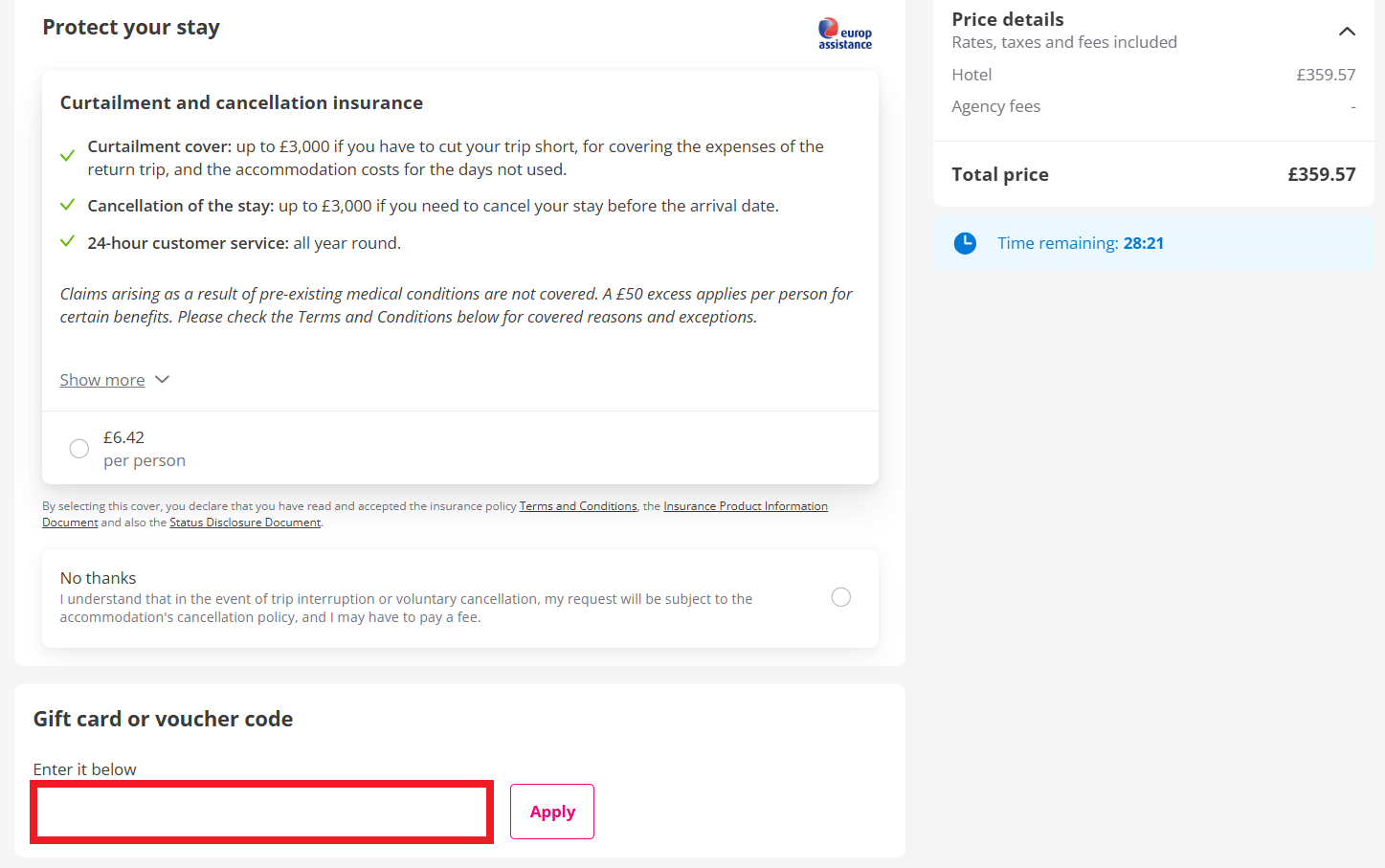 Lastminute discount code box during booking process