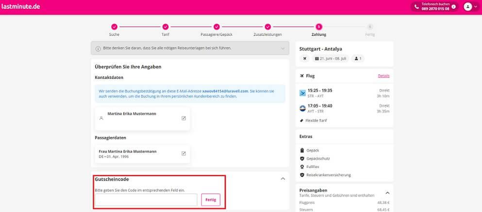 Screenshot aus dem Warenkorb mit Hinweis darauf, wo du den Lastminute.de Gutschein einlösen kannst