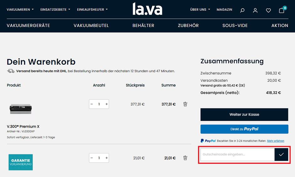 Screenshot aus dem Warenkorb mit Hinweis darauf, wo du den Lava Gutschein einlösen kann