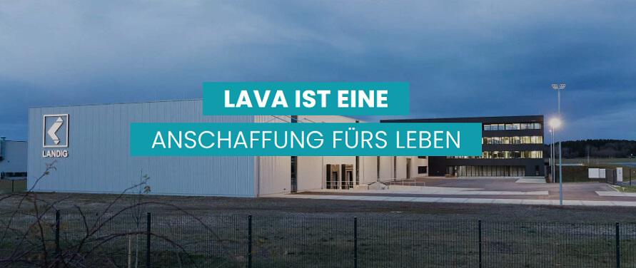 Banner der Lava Gutscheinseite: Foto des Lava Zentrums mit Titel "Lava ist eine Anschaffung fürs Leben"