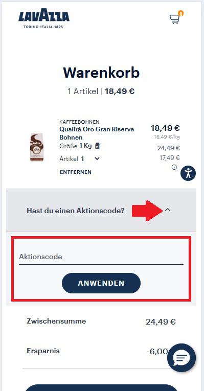 Eingabefeld für einen Lavazza Aktionscode im Online Shop