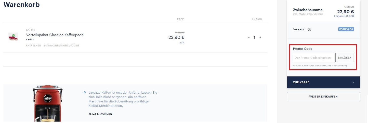 Eingabefeld für einen Lavazza Gutschein im Online Shop
