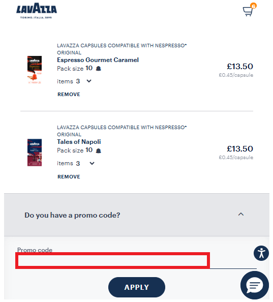 lavazza promo code redemption box screenshot