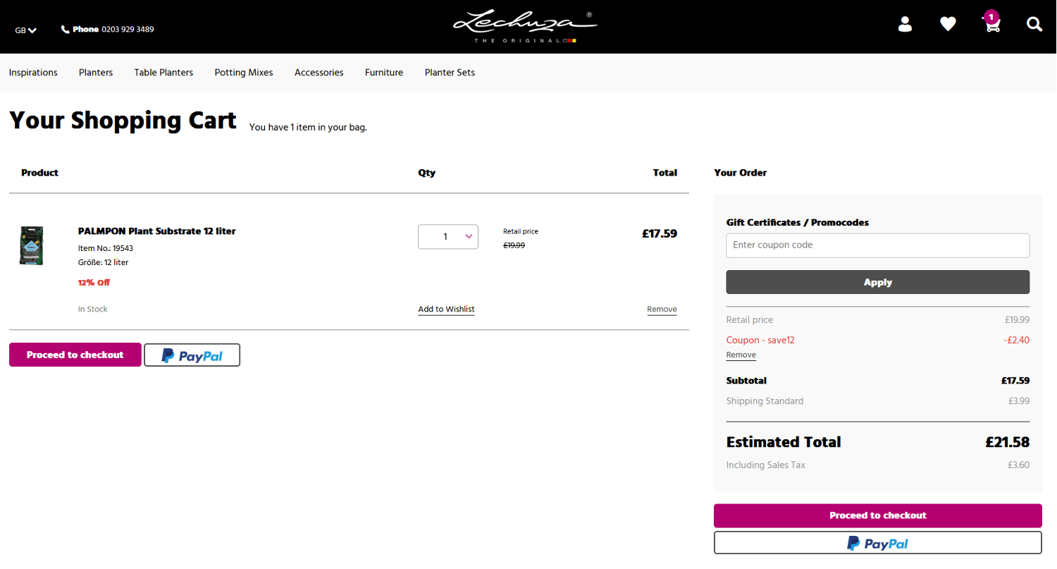 Screenshot of the Lechuza discount code box at checkout on the Lechuza website