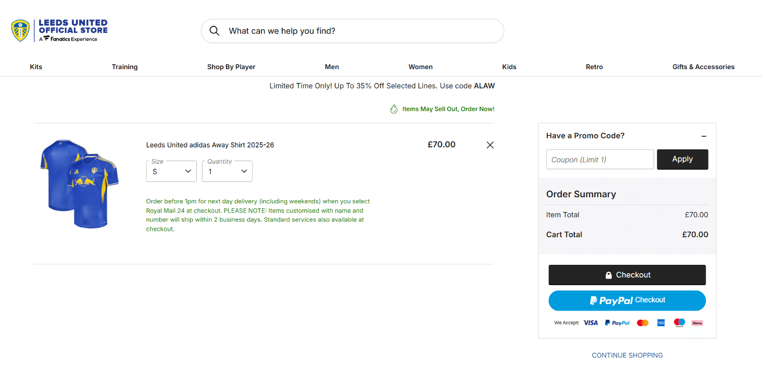 Leeds United Store discount code box on the checkout page