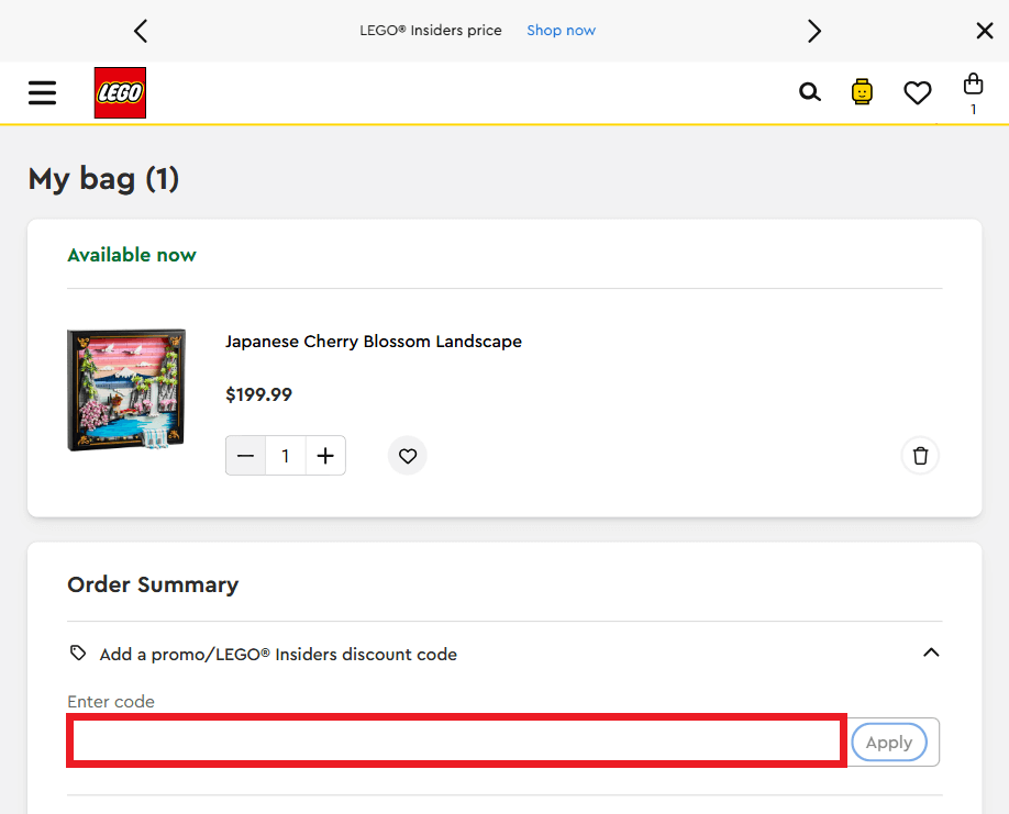 LEGO discount code box during checkout image
