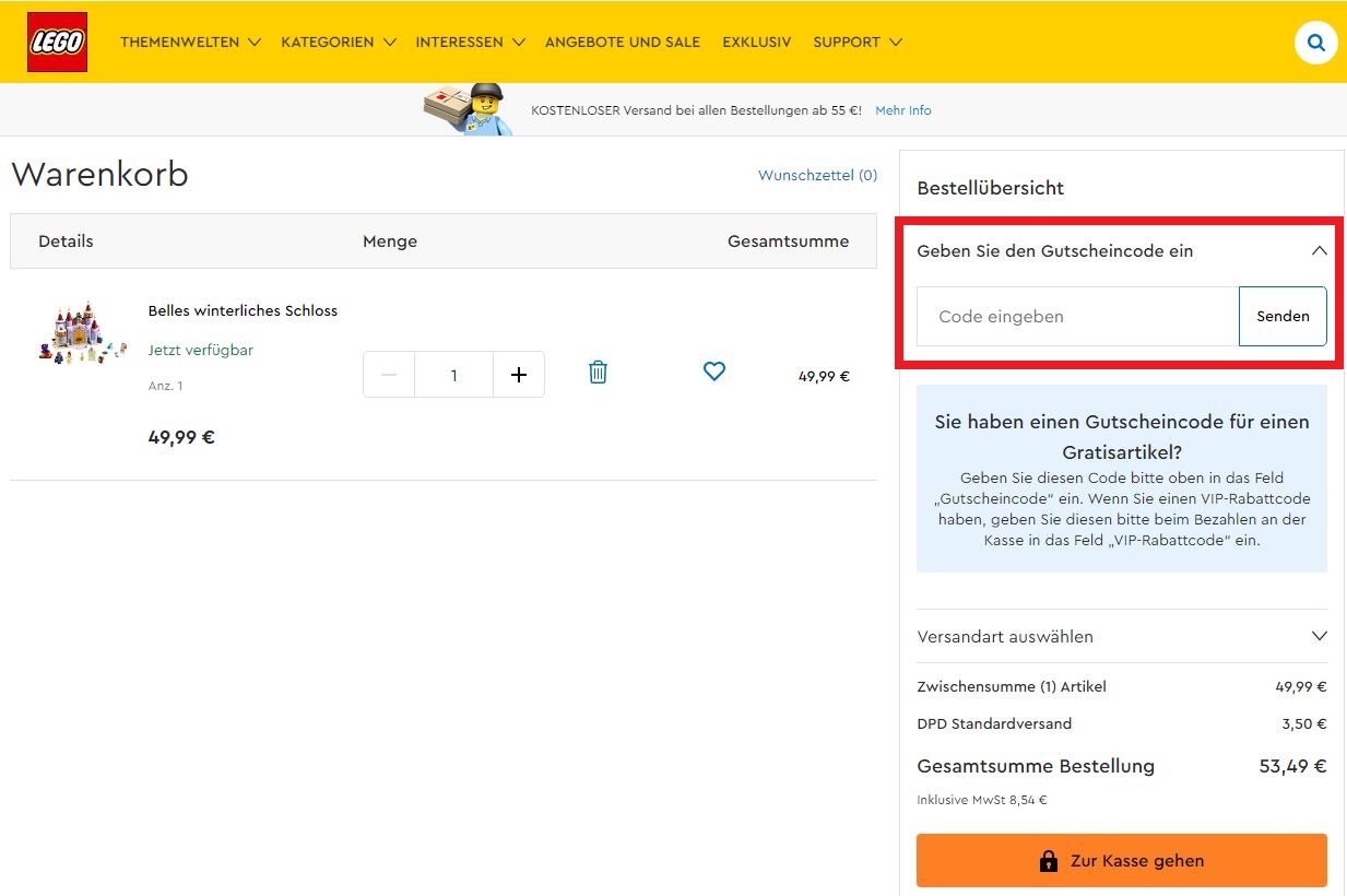 Eingabefeld für Lego Gutschein im Warenkorb