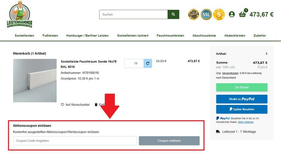 Screenshot vom Eingabefeld für den Leistenhammer Rabattcode