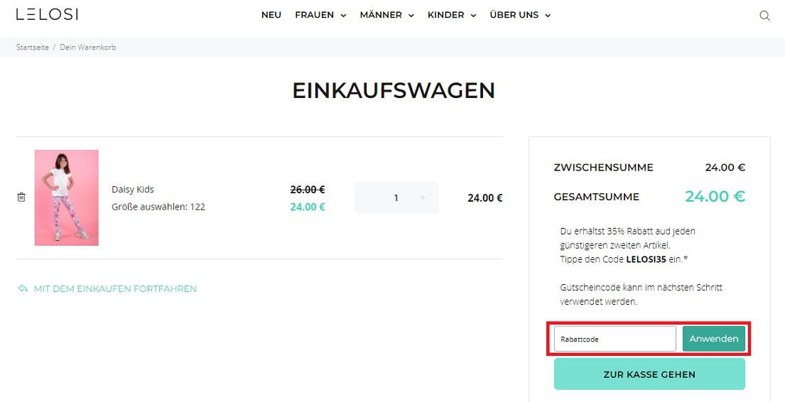 Screenshot aus dem Warenkorb mit EIngabefeld, wo du den LELOSI Gutschein anwenden kannst