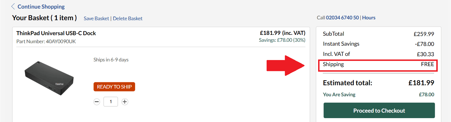 Where to find Lenovo free delivery infomation in the basket