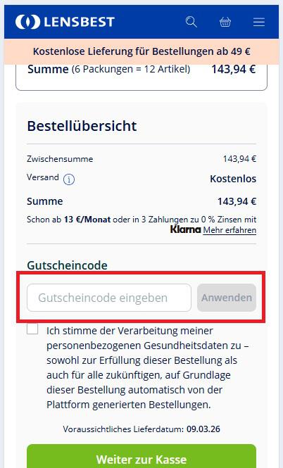 Einen Lensbest Gutscheincode im Warenkorb einlösen