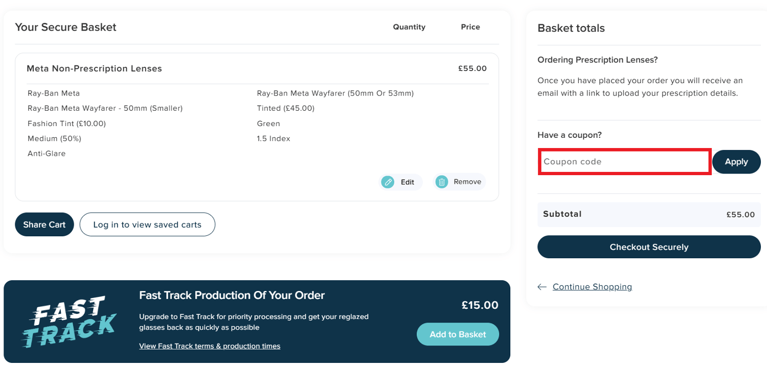 Lensology discount code redemption box in shopping basket