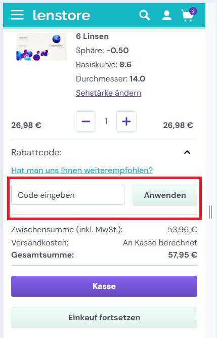 Warenkorbansicht mit Eingabefeld für Lenstore Rabattcode