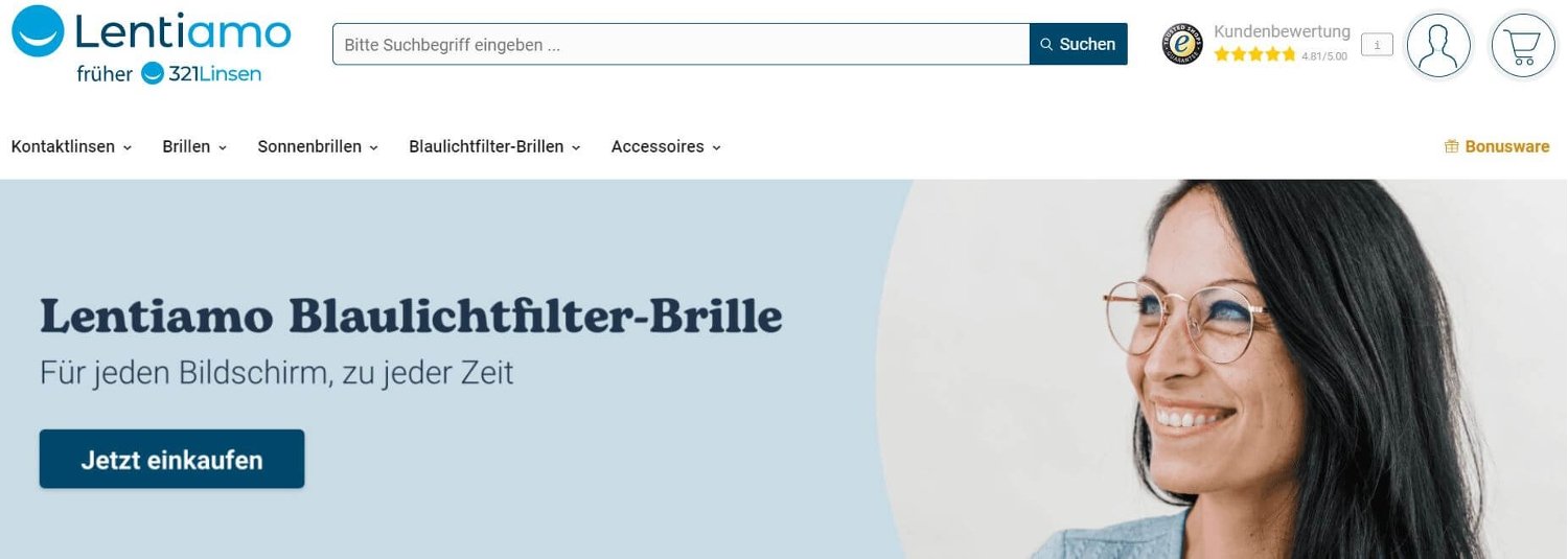 Lentiamo Online-Shop mit Foto der Blaulichtfilterbrille als Banner für die Seite für Lentiamo Gutscheine