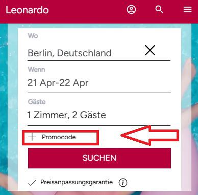 Screenshot wo du deinen Leonardo Hotels Gutschein in der Buchungsmaske eingeben kannst