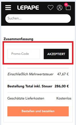 Eingabefeld für einen Lepape Promo-Code im Warenkorb