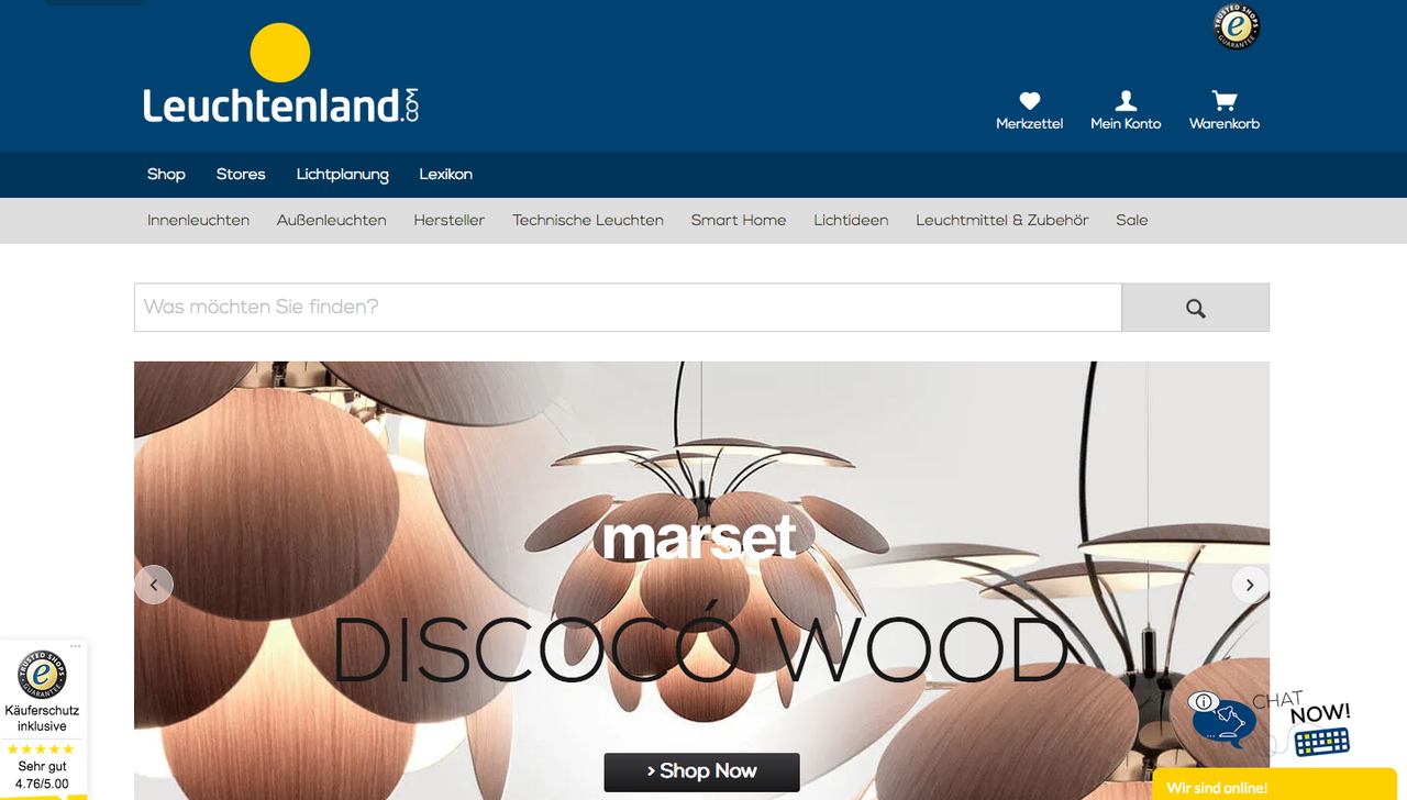 Banner für die Leuchtenland Gutscheinseite: Screenshot vom Leuchtenland Online-Shop
