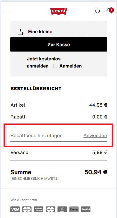 Eingabefeld für einen Levi's Rabattcode im Warenkorb