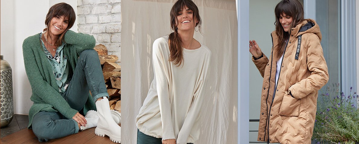 Banner für die Liberty-Gutscheinseite mit drei Fotos eines Models in Damenmode
