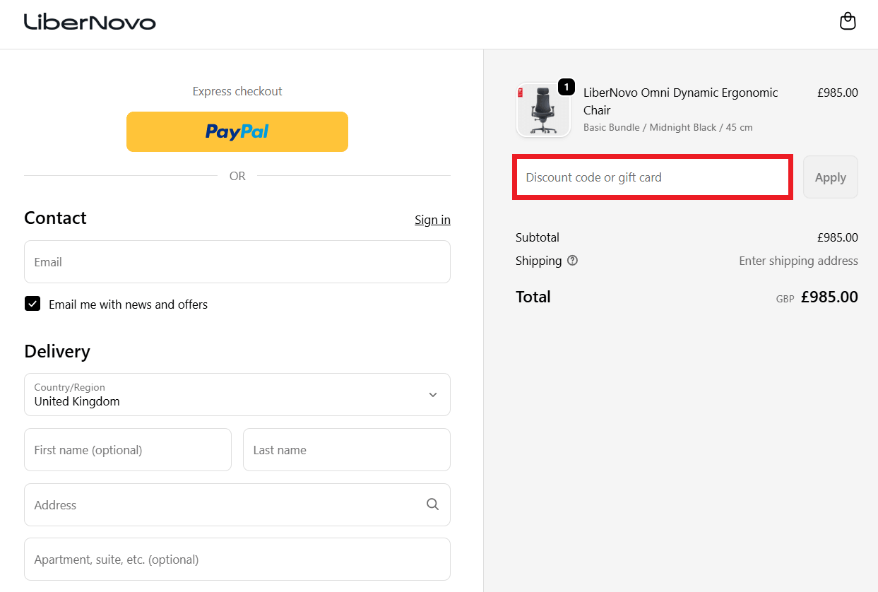 LibreNovo discount code box in shopping basket image