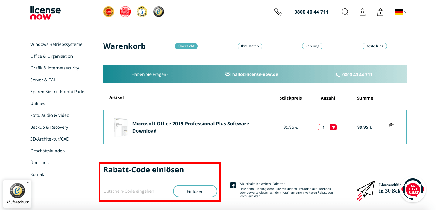 Deinen License-Now-Gutschein löst du einfach im Warenkorb des Online-Shops ein.