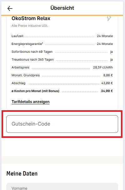 Eingabefeld für einen LichtBlick Gutscheincode in der Bestellübersicht