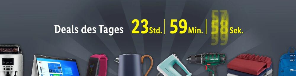 Produkte verschiedener Kategorien und laufender 24 Stunden Timer auf dem Banner für die Lidl Deals des Tages