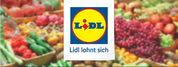 Banner für die Lidl Gutscheinseite: Lidl Logo mit "Lidl lohnt sich" Slogan und Obst- und Gemüseauslage im Hintergrund