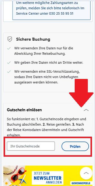 Screenshot vom Eingabefeld für den Lidl Reisen Gutscheincode