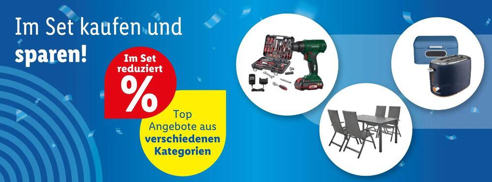 Beispiele für Haushaltsgeräte-Sets, Werkzeug-Sets und Gartenmöbel-Sets auf Banner für Lidl Set-Angebote