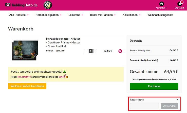 img: lieblingsfoto-gutschein-einloesen / alt: Screenshot aus dem Warenkorb mit Hinweis darauf, wie du den Lieblingsfoto Gutschein einlösen kannst.